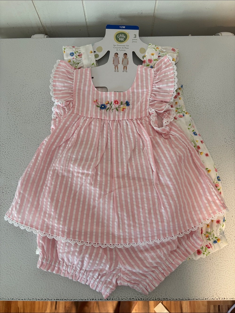 377 - Little Me Pink & White Striped Dress with Floral Embroidery Set - NEW